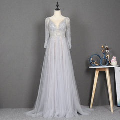 Evening Dresses Suits, Amazing Long Gray Beading Prom Dresses Modest Evening Gowns