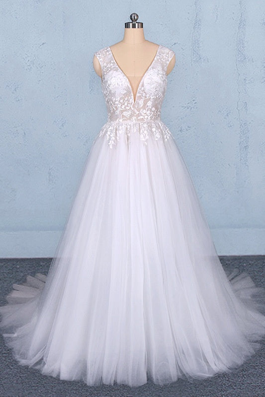 Wedding Dress Simpl, Flowy A-line Long V-neck Lace Tulle Beach Wedding Dresses Bridal Gowns