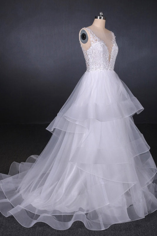 Wedding Dresses For The Beach, Charming V-neck Lace Wedding Dresses Elegant Backless Wedding Gowns