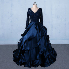 Homecoming Dress Styles, Formal V-neck Beading Lace Satin Backless Ball Gown Prom Dresses With Sleeves