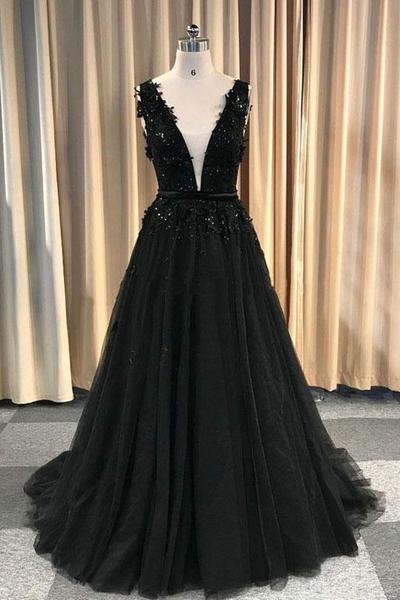Party Dress Dames, Formal Deep V-neck Long Black Party Prom Dresses With Lace Appliques