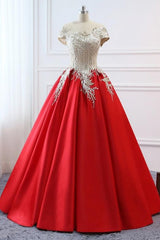 Bridesmaid Dresses Neutral, Modest Red Cap Sleeves Ball Gowns Lace Satin Prom Dresses Evening Dresses