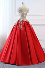 Bridesmaid Dress Mismatched, Modest Red Cap Sleeves Ball Gowns Lace Satin Prom Dresses Evening Dresses
