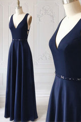 Bridesmaids Dress Under 115, Navy Blue V-neck Floor Length Simple Cute Long Prom Dresses