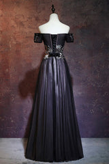 Bridesmaid Dresses Lavender, Beauty Off The Shoulder Floor Length Lace Up Long Black Prom Dresses With Appliques