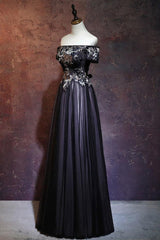 Winter Wedding, Beauty Off The Shoulder Floor Length Lace Up Long Black Prom Dresses With Appliques