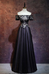 Bridesmaid Dresses Floral, Beauty Off The Shoulder Floor Length Lace Up Long Black Prom Dresses With Appliques