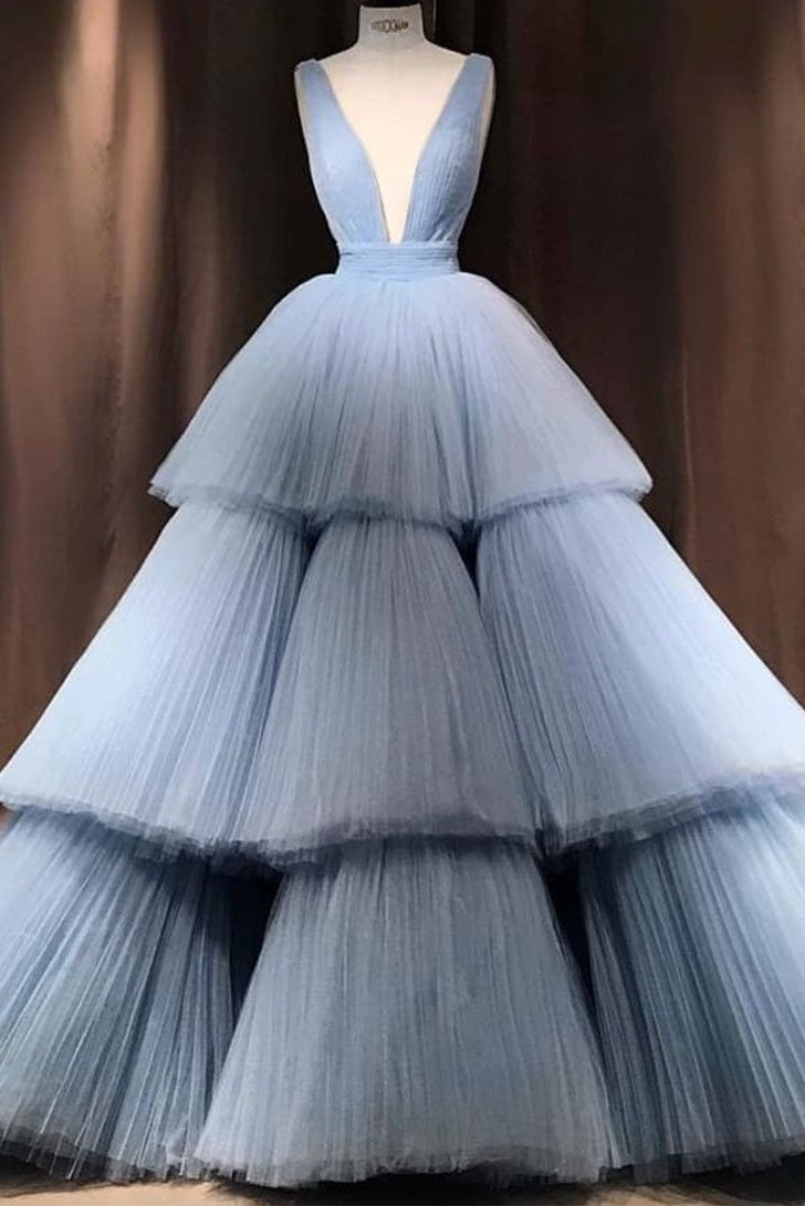 Bridesmaid Dress Style, Modest Ball Gown Long V-neck Light Blue Princess Prom Dresses Quinceanera Dresses