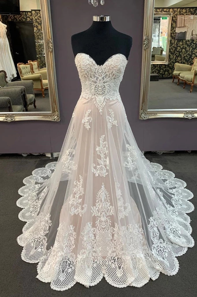 Weddings Dresses Style, Modest Sweetheart Lace Long Wedding Dresses Beach Wedding Dresses
