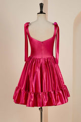 Party Dresses Sales, Rose Pink A-line Bow Tie Straps Ruffled Satin Homecoming Dress