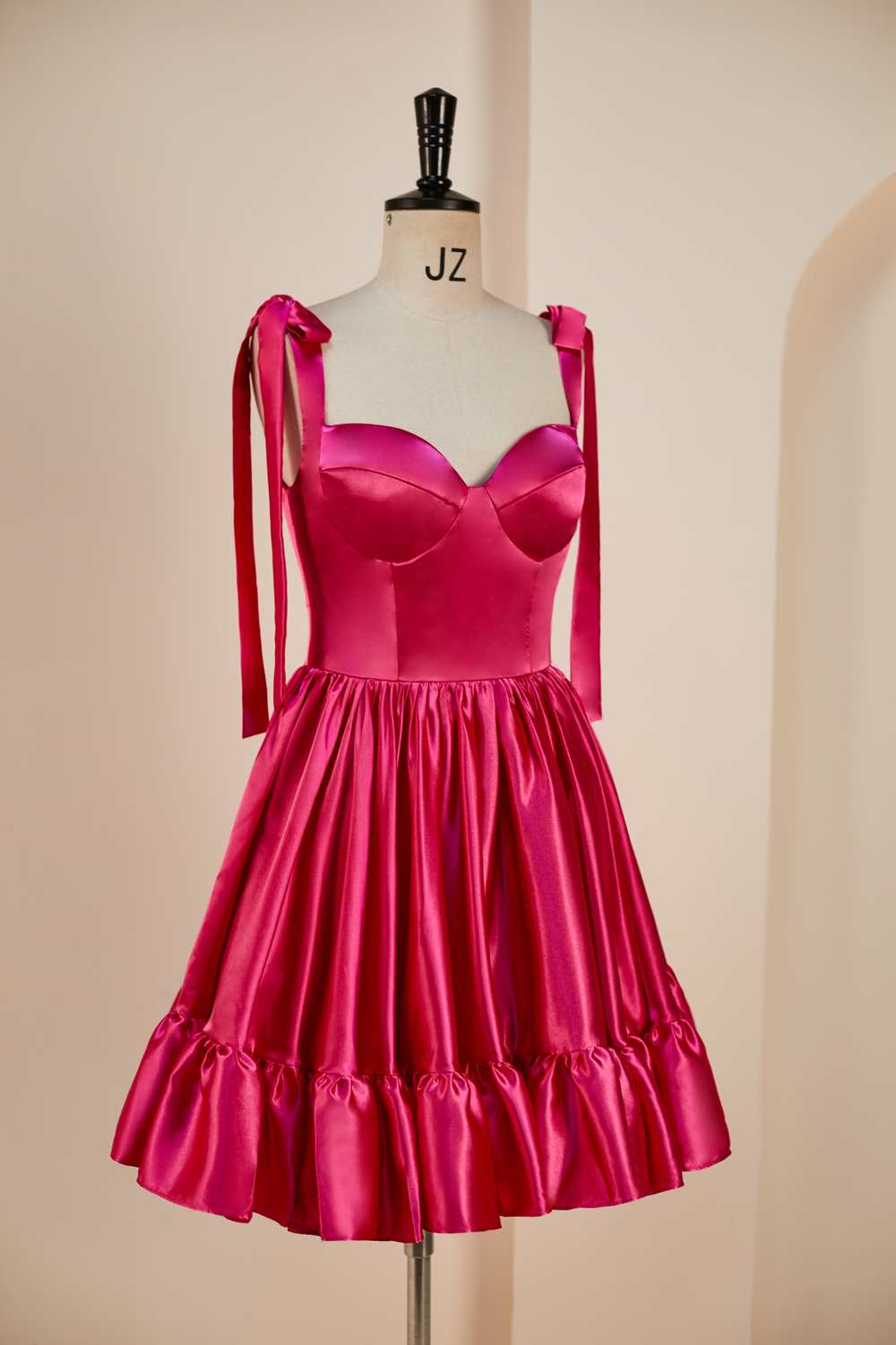 Party Dresses Near Me, Rose Pink A-line Bow Tie Straps Ruffled Satin Homecoming Dress