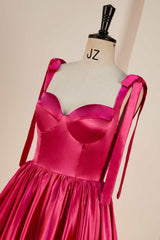 Party Dress Sale, Rose Pink A-line Bow Tie Straps Ruffled Satin Homecoming Dress