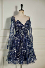 Party Dress Styling Ideas, Dark Navy Sequined Long Sleeves A-line Homecoming Dress