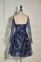 Party Dresses Shorts, Dark Navy Sequined Long Sleeves A-line Homecoming Dress