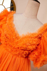 Prom Dresses Long Open Back, Orange A-line Ruffled Puff Sleeves Homecoming Dress
