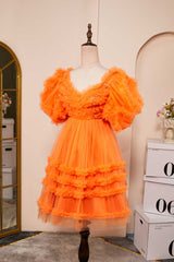 Prom Dresses Outfits Fall Casual, Orange A-line Ruffled Puff Sleeves Homecoming Dress