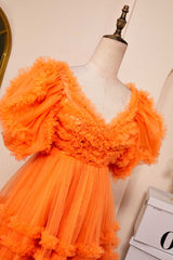 Prom Dress Long Open Back, Orange A-line Ruffled Puff Sleeves Homecoming Dress