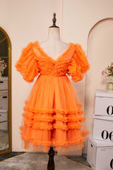 Prom Dress Silk, Orange A-line Ruffled Puff Sleeves Homecoming Dress