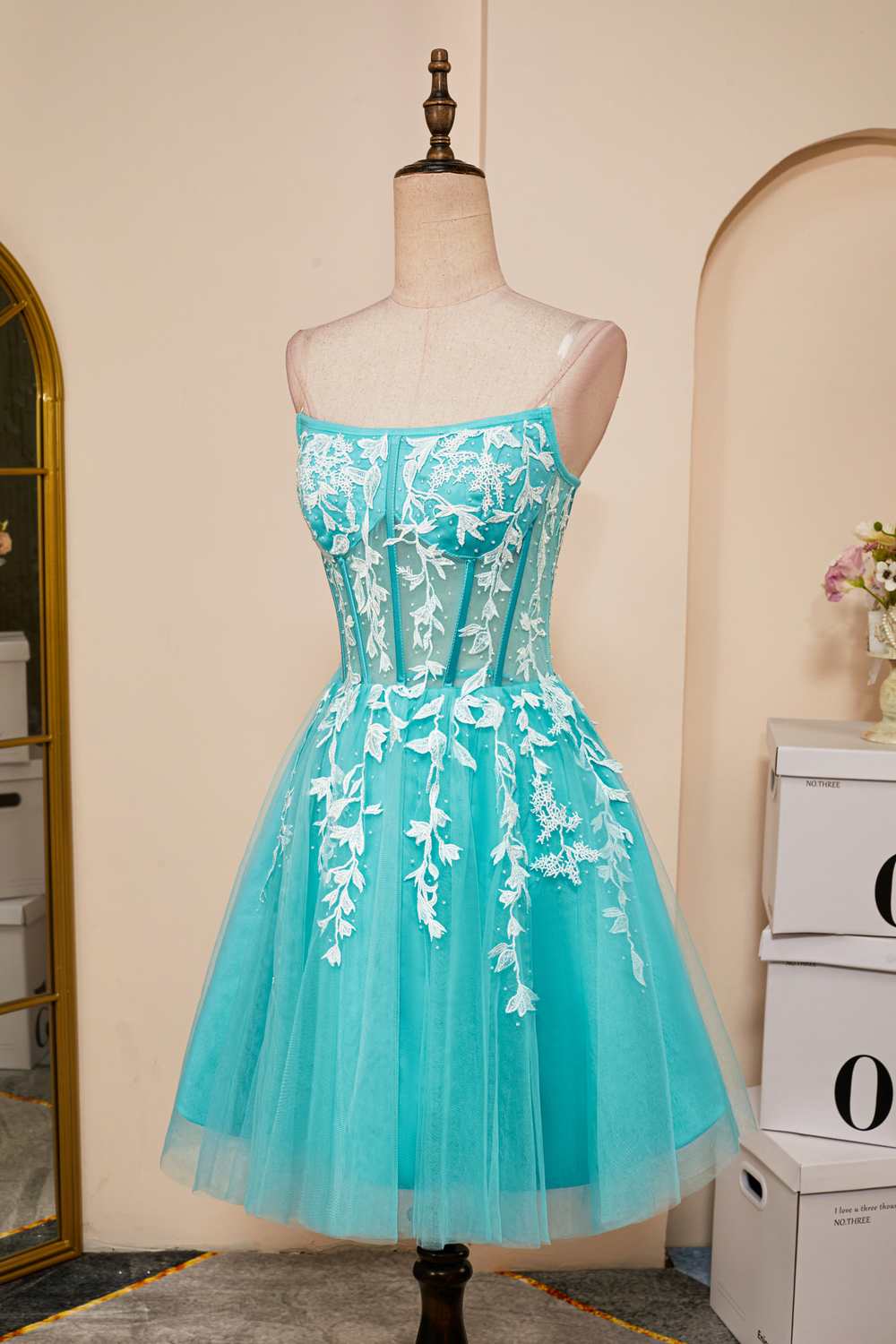 Formal Dresses Classy, Sky Blue Appliques Strapless A-line Homecoming Dress