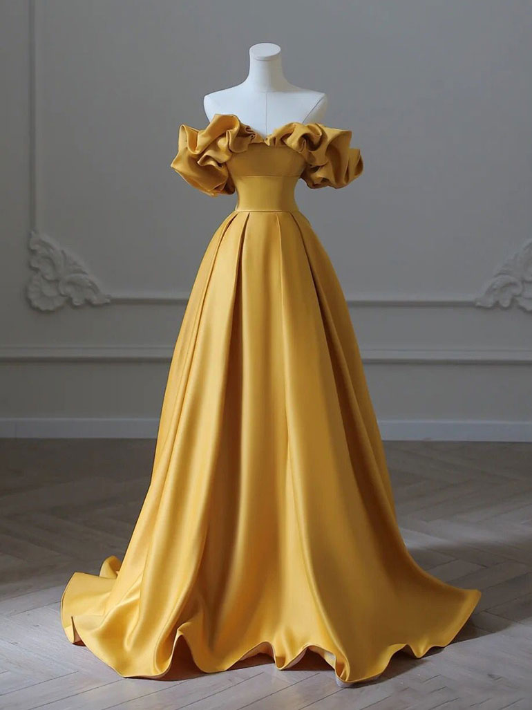 Party Dresses Size 22, Satin Yellow Long Prom Dress, Aline Formal Yellow Graduation Party Dress