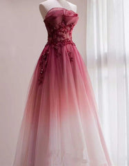 Formal Dress Wedding, Red Beaded Gradient Tulle Long Party Dress, A Line Elegant Lace Up Prom Dress