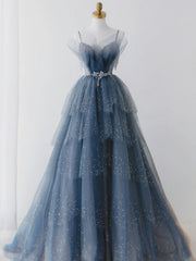 Formal Dress Store, Blue Shiny Tulle Layers Straps Beaded Long Prom Dress, A Line Chic Evening Dress