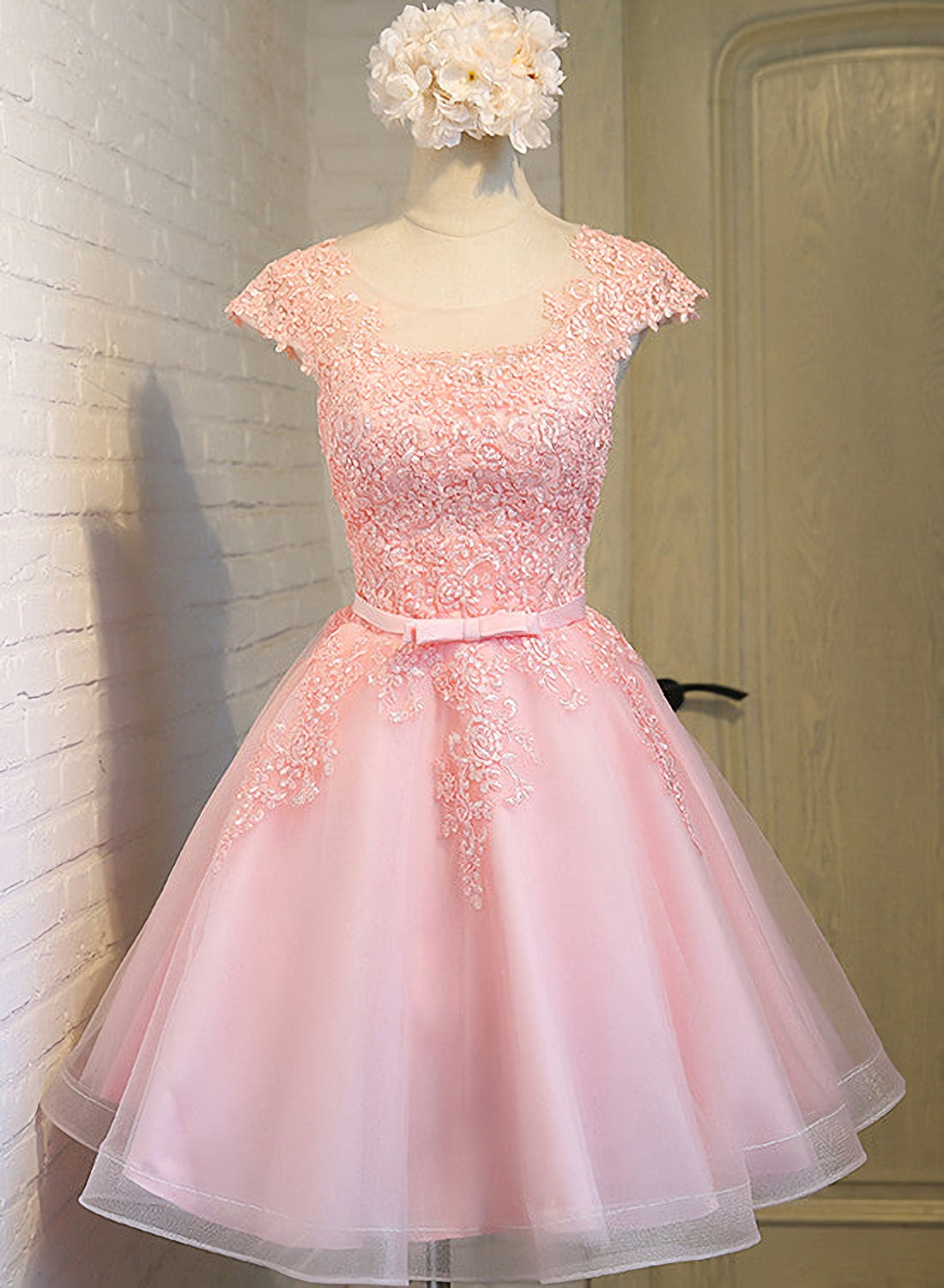 Prom Outfit, Cute Pink Round Neckline Tulle Party Dress, Pink Cap Sleeves Formal Dress