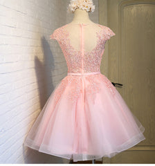 Flowy Dress, Cute Pink Round Neckline Tulle Party Dress, Pink Cap Sleeves Formal Dress
