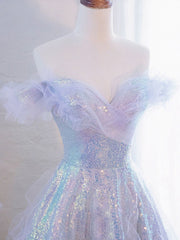 Prom Dresses Dark Blue, Purple Off Shoulder Sequin Tulle Long Prom Dress, Purple Formal Evening Dresses