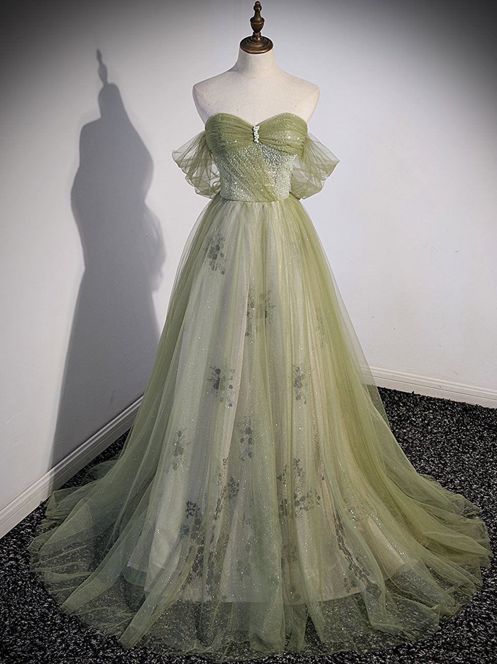 Party Dress Spring, A Line Green Tulle Long Prom Dress with Beading