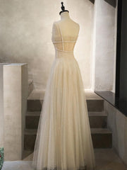 Formal Dress Wear For Ladies, Champagne Tulle Long Prom Dress, Champagne Tulle Formal Dress