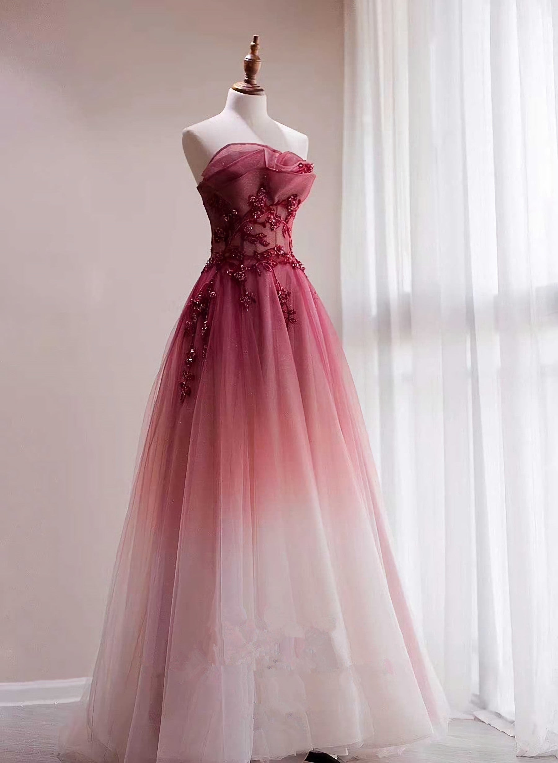 Formal Dress Ideas, Red Beaded Gradient Tulle Long Party Dress, A Line Elegant Lace Up Prom Dress