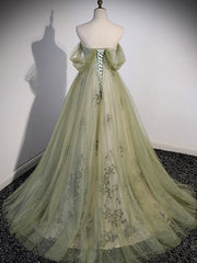 Party Dress Vintage, A Line Green Tulle Long Prom Dress with Beading