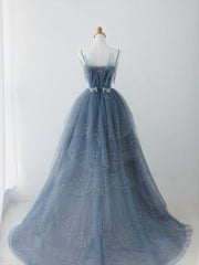 Formal Dress Stores, Blue Shiny Tulle Layers Straps Beaded Long Prom Dress, A Line Chic Evening Dress
