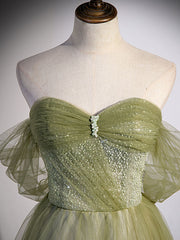 Party Dresses Vintage, A Line Green Tulle Long Prom Dress with Beading