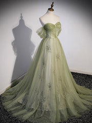 Party Dressed Short, A Line Green Tulle Long Prom Dress with Beading