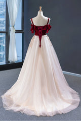 Modest Dress, Uniquedresss Vintage Red Straps Tulle Formal Dress, Elegant Applique Prom Dress