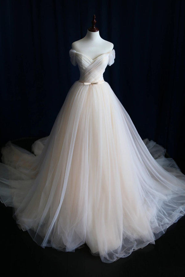 Wedding Dress 2024, Elegant V Neck Off-shoulder Tulle Pleat Sweep Train Wedding Dresses