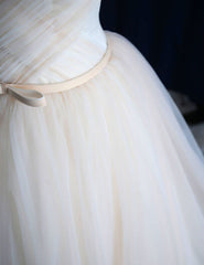 Wedding Dresses Cheaper, Elegant V Neck Off-shoulder Tulle Pleat Sweep Train Wedding Dresses