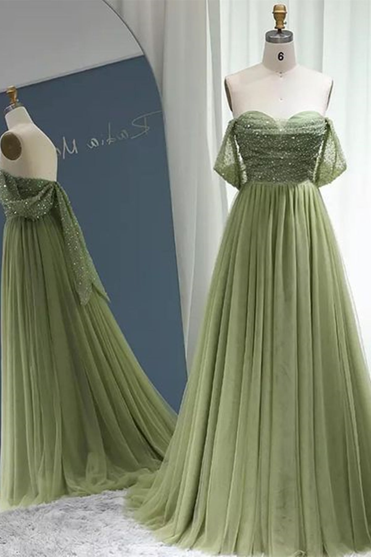 Prom Dresses Mermaide, Off the Shoulder Beaded Green Tulle Long Prom Dress, Off Shoulder Green Formal Dress, Beaded Green Evening Dress