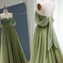 Prom Dresses Chicago, Off the Shoulder Beaded Green Tulle Long Prom Dress, Off Shoulder Green Formal Dress, Beaded Green Evening Dress