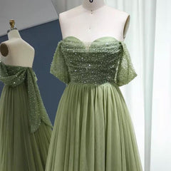 Prom Dress Chicago, Off the Shoulder Beaded Green Tulle Long Prom Dress, Off Shoulder Green Formal Dress, Beaded Green Evening Dress