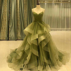 Formal Dress Outfit Ideas, Beautiful Green Ruffles Sweep Train Long Prom Dress, Straps Evening Formal Dresses