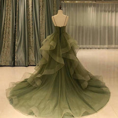 Formal Dresses Outfit Ideas, Beautiful Green Ruffles Sweep Train Long Prom Dress, Straps Evening Formal Dresses