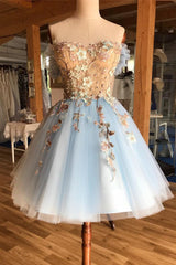 Prom Dress Chiffon, Pretty Lace Up Appliques Short Light Blue Homecoming Dresses