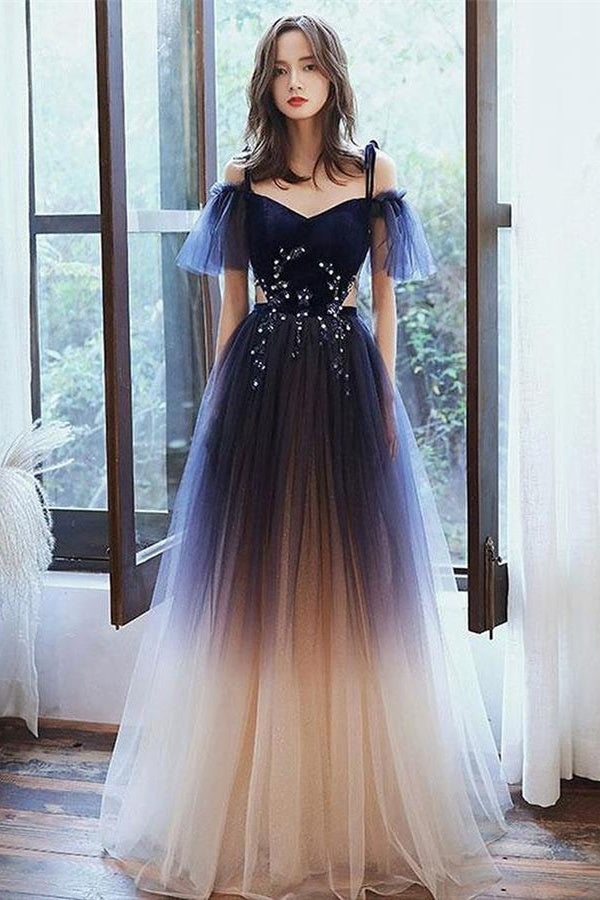 Prom Dresses For Skinny Body, Blue Spaghetti Straps Long Princess Pretty Prom Dresses For Girls