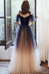 Prom Dress Floral, Blue Spaghetti Straps Long Princess Pretty Prom Dresses For Girls