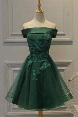 Bridesmaid Dress Outdoor Wedding, Dark Green Strapless A Line Appliques Tulle Homecoming Dresses