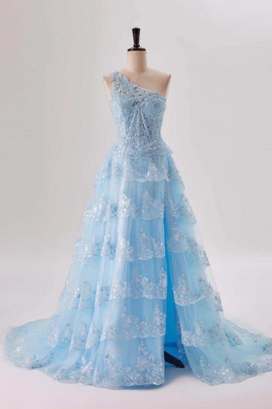 Prom Dresses Prom Dresses, One Shoulder Light Blue Appliques Ruffle Formal Dress