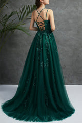 Prom Dresses Light Blue Long, Open Back Dark Green Tulle Lace Long Evening Dress, Dark Green Lace Formal Dresses
